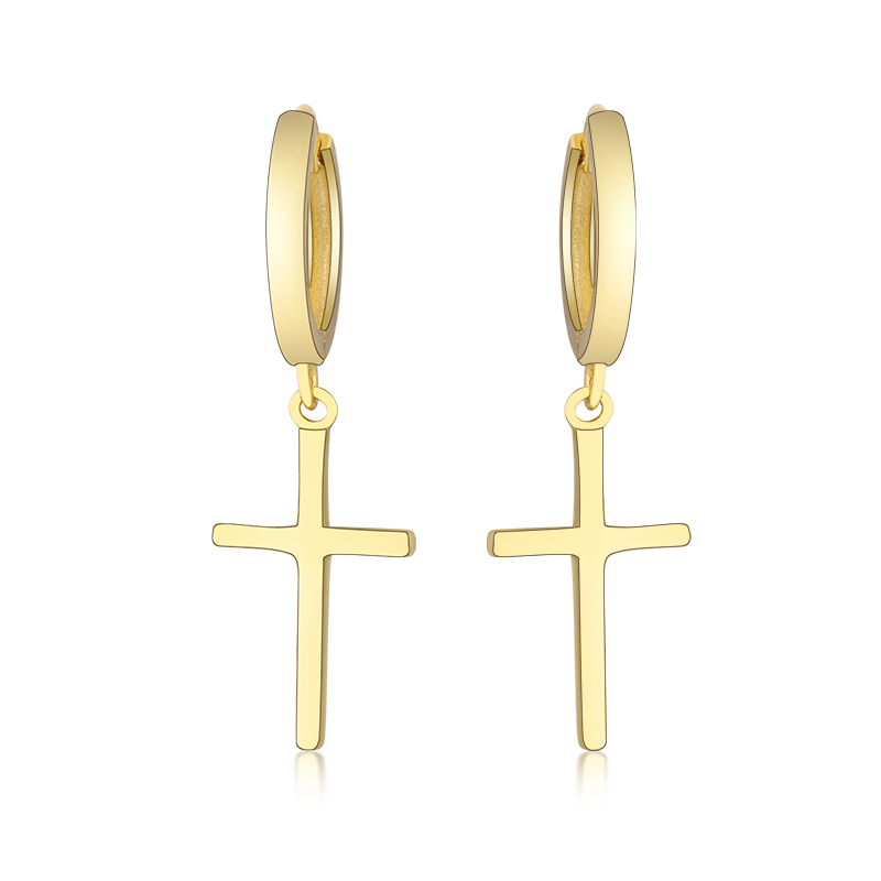 Women 925 Sterling Silver Gold Color Polishing Cross Dangle Hoop Earrings For Girls Fashion Luxury Round Jewelry Gift