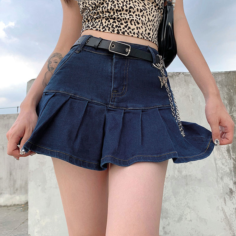 SUCHCUTE women's a-line skirt gothic denim pleated skirt summer Y2K aesthetics streetwear vintage e girl 90s 210306