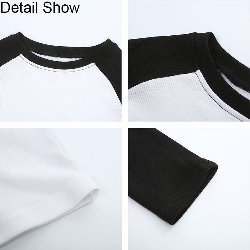 Contrast Color Ribbed Y2k Aesthetic Harajuku Crop Tops Women Fall O-Neck Long Sleeve Casual Basic T Shirt Femme RapWriter 210302