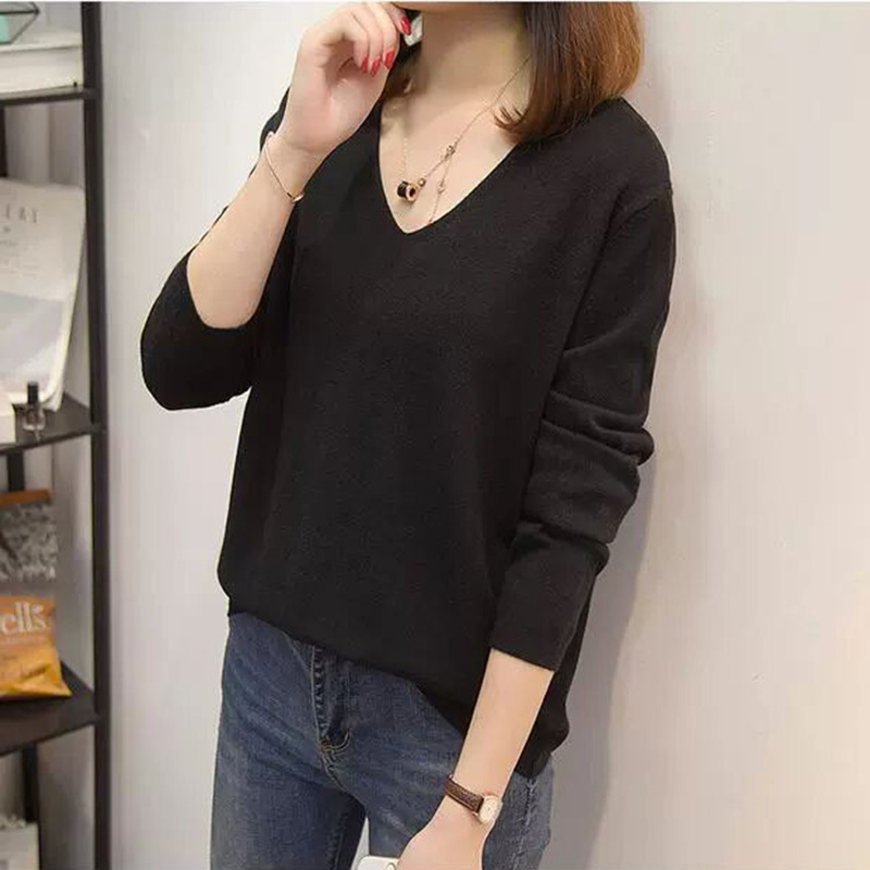 Womens Pullover Knit Spring Autumn Blouse Shirts V-neck Ladies Long Sleeve Casual Tops Pullovers Elastic Women Blouse 210225