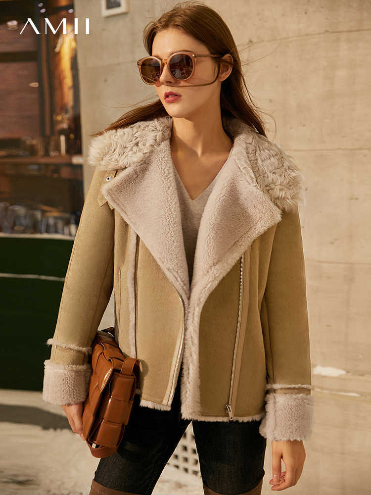 Minimalism Winter Double-faced Fur Women's Coat Fashion Lapel Thick Zipper Full Sleeve Short Female Jacket 12070611 210527
