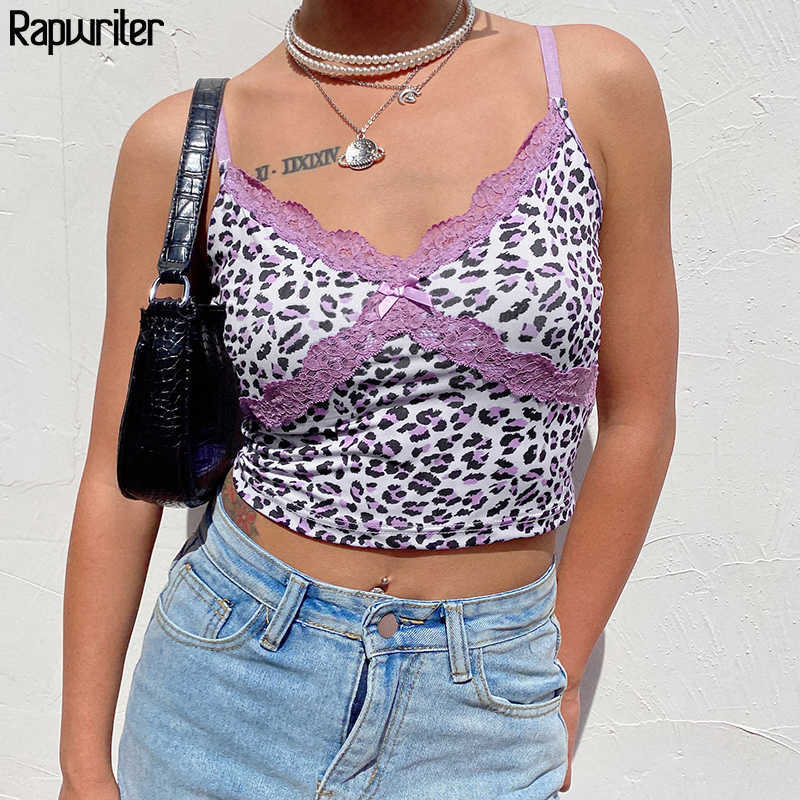 Rapwriter Vinrtage Lace Patckwork V Neck Milk Cow Print Strap Crop Tops Women Blackless Short Sexy Summer Tank Top Bow cami 210625