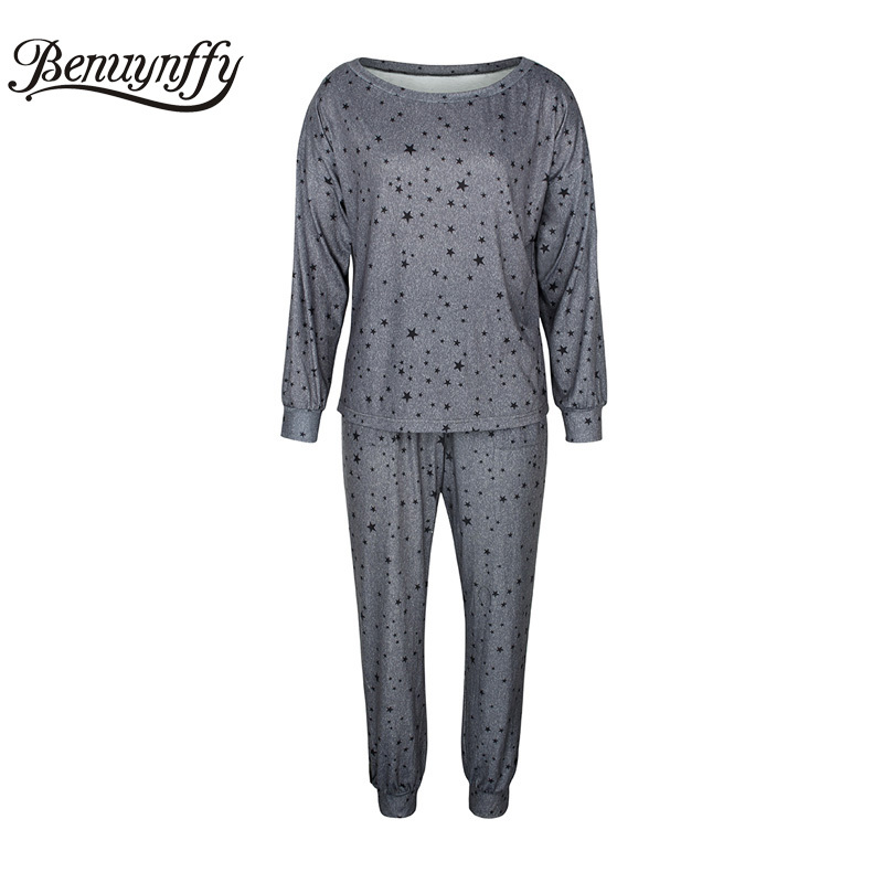 Star Print Casual Women Two Piece Set Spring Autumn Long Sleeve T-shirt and Drawstring Waist Pants 2 PJ Sets 210510