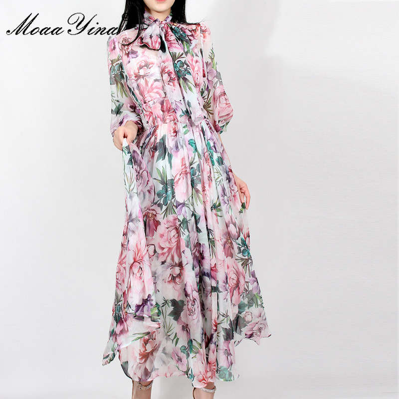 Fashion Runway Summer Floral Holiday Dress Women's Bow Tie 3/4 sleeve Printed Elegant Chiffon Vintage Party Midi 210524