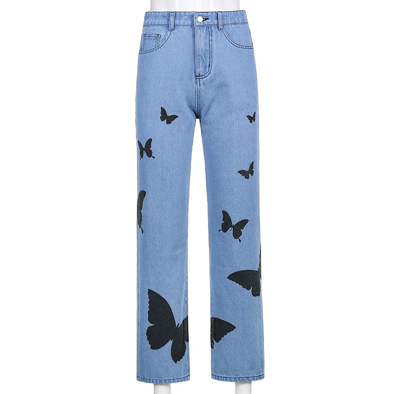 Woman Jeans High Waist butterfly printed Wide Leg Denim Clothing Blue Streetwear Vintage Quality Fashion Harajuku Straight Pants 210524