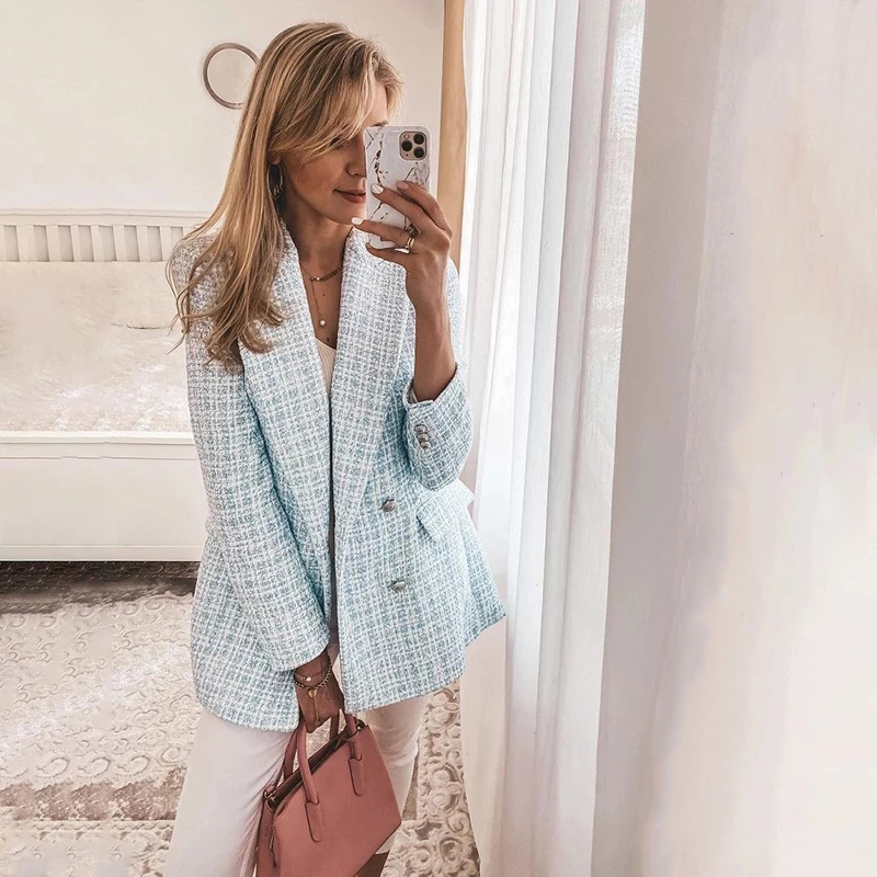 Spring Women Casual Tweed Blazer Vintage Office Lady Autumn Jacket Coat double Breasted Outwear Female Chic Tops 210521