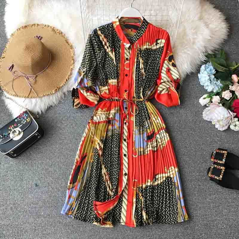 Spring Chiffon Dress Long Sleeve Loose Print Pleated Dress Women Fashion Stand Single-breasted Plus Size Mini Dresses 210521