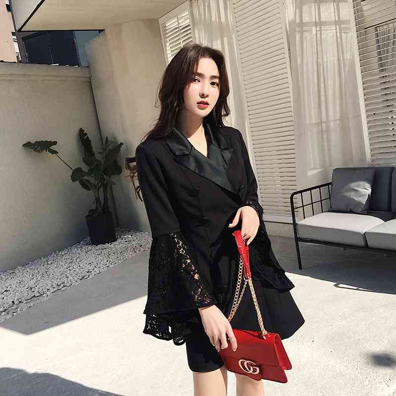 DEAT spring and summer fashion women clothes notched collar flare sleeves lace patchwork high waist double breasted 210428