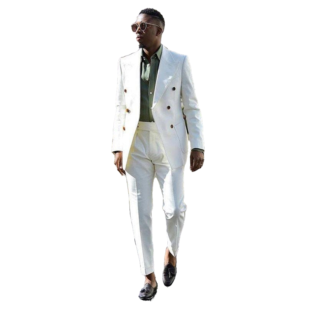 Gentleman White Double Breasted Mens Wedding Tuxedos Peaked Lapel Slim Fit Dinner Jacket and Pants Suits Tailor Blazer Groom Formal Wear 2 Pieces Prom