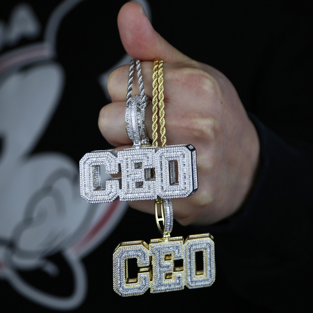 New styles hip hop Letter CEO shadow Charm Pendant Necklace with Rope chain Gold Silver Paved Full cz stone Punk styles jewelry wholesale stock