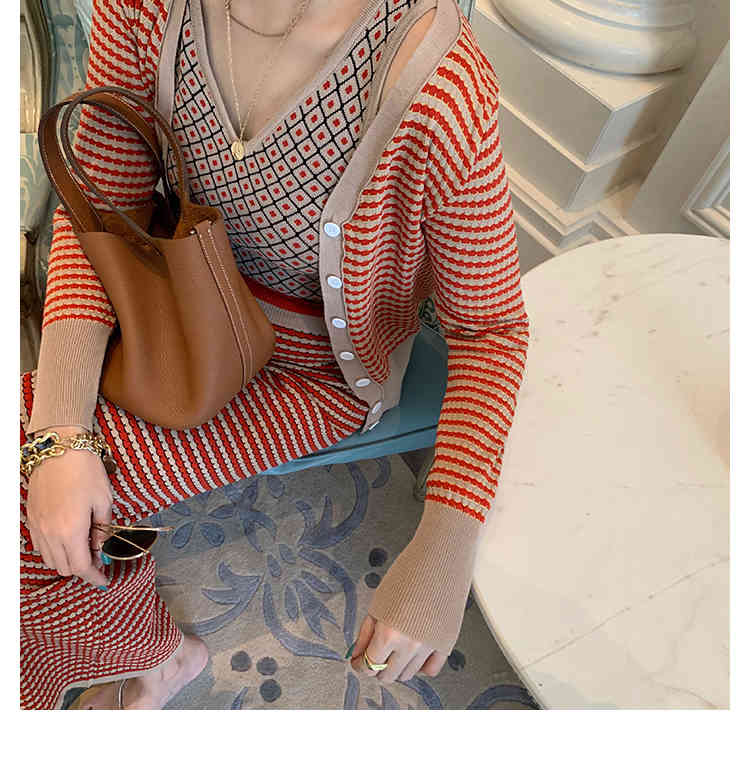 fashion Colour Striped Cardigan Jacket + Suspender Vest Side Slit Skinny Broad-legged Pants Women Spring Autumn Outfit 210519