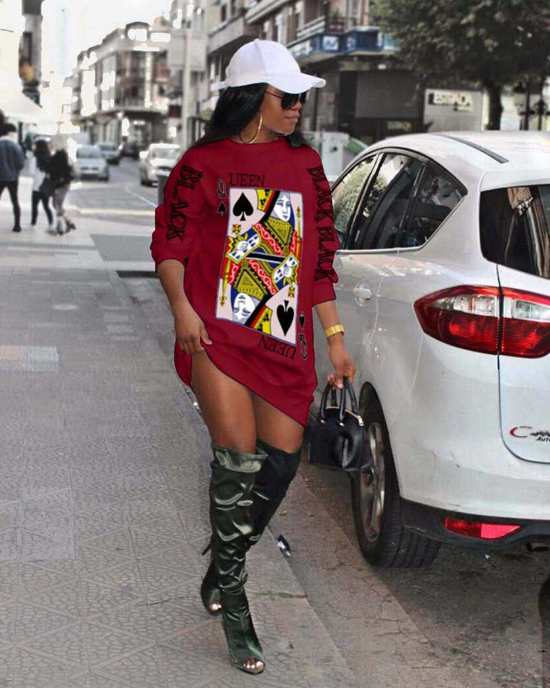 Poker Print Casual Tshirt Dress Women Loose Streetwear Long Sleeve T Shirt with Black Queen Letter 211022