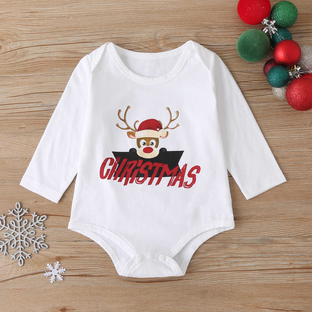 Arrivals Winter Boys Sets Long Sleeve Rompers Red Patchwork Trousers Cute Hat Christmas style 3Pcs Clothes 210629