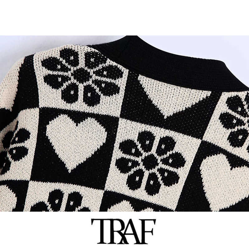 TRAF Women Fashion Jacquard Loose Knit Cardigan Sweater Vintage Long Sleeve Covered Buttons Female Outerwear Chic Tops 211011Z