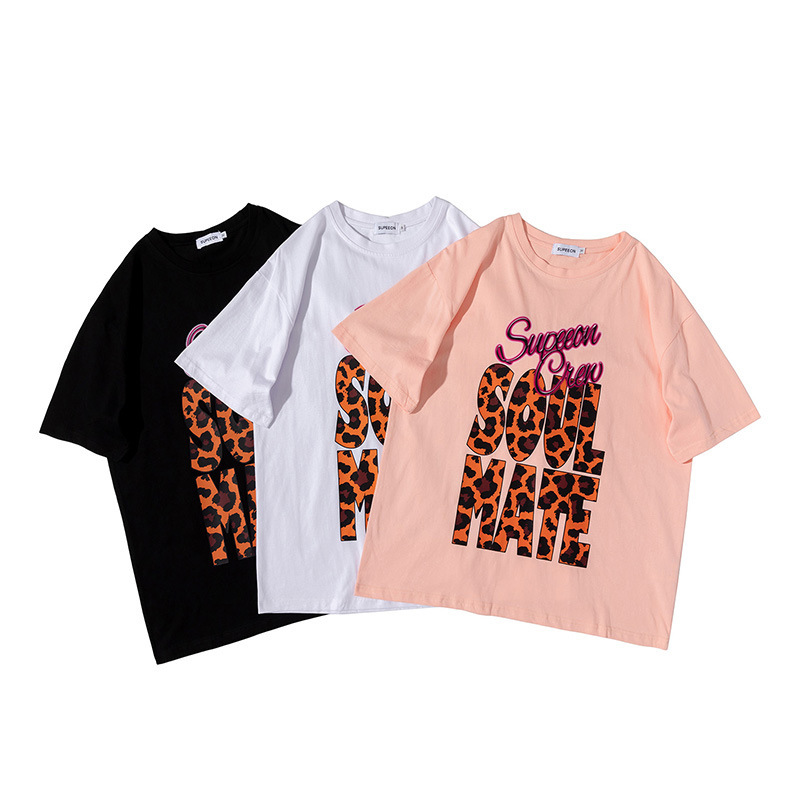 t shirt leopard print letter short sleeve women's summer oversize top, White;black
t shirt leopard print letter short sleeve women's summer oversize top, White;black