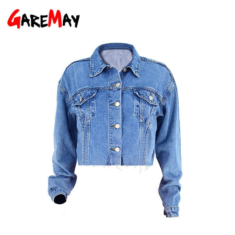 Spring Autumn Crop Denim Jacket Women Long Sleeve Boyfriend Style Casual Blue Jean Lady Vintage Button Top Coat 210428