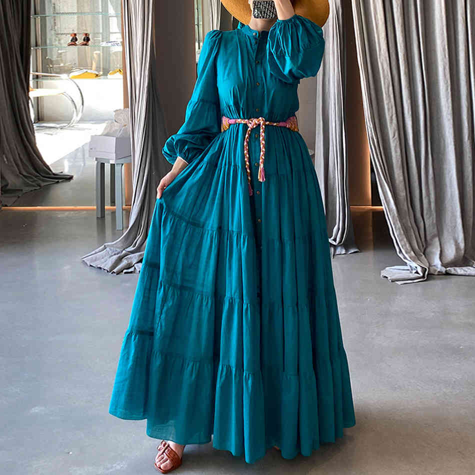 Bohemian Long Dress Women's Stand Collar Lantern Sleeve High Waist Belt Casual Women Fashion Style 210525