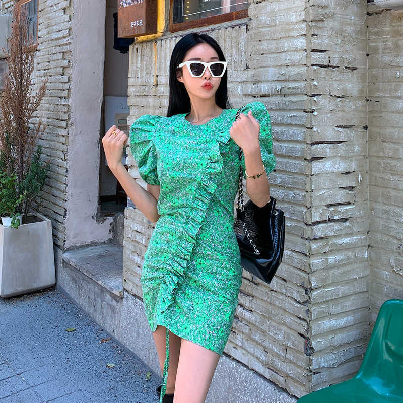 Floral Woman Dress Shirring Ruffle Fashion Elegant Slim Vestidos Femme Summer Puff Sleeve O-neck Dresses 6J599 210603