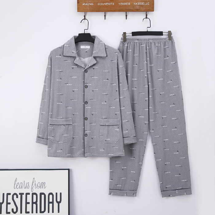 Cotton Men's Sleeve Nightwear Lapel Buttons Men's Pajamas Set Autumn Winter Leisure Elastic Waist Men Sleepwear Tops Long Pants 211019