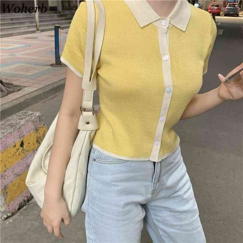 Thin Knitted T-shirt Women's Summer Korean Shirt Turn Down Collar Contrast Color Patchwork Slim Short Sleeve Tops 210519
