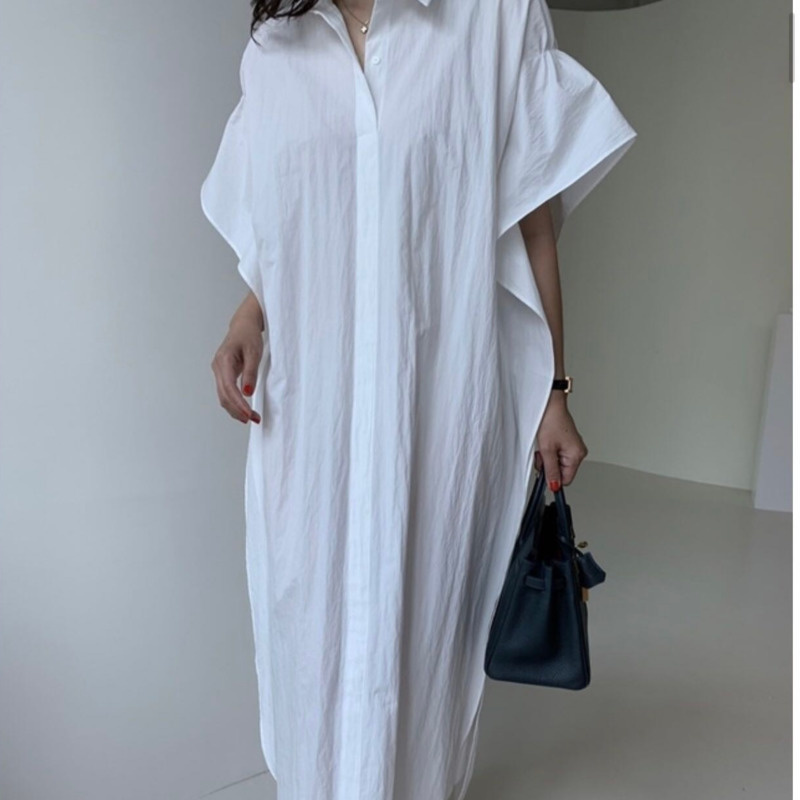 Casual Midi Dress Loose Short Sleeve Polo Collar Temperament Fit Fashion Summer Women's 2P1653 210526