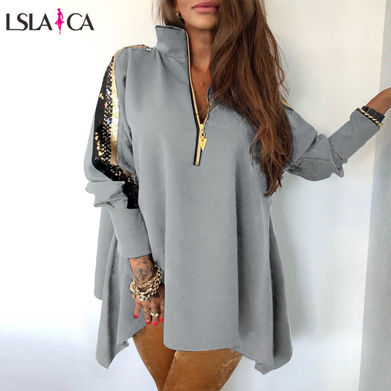 Women Jackets Fashion Sequins Patchwork Stand Collar Long Sleeve Zipper Loose Casual Ladies Coats Pullovers Solid Color Autumn 210515