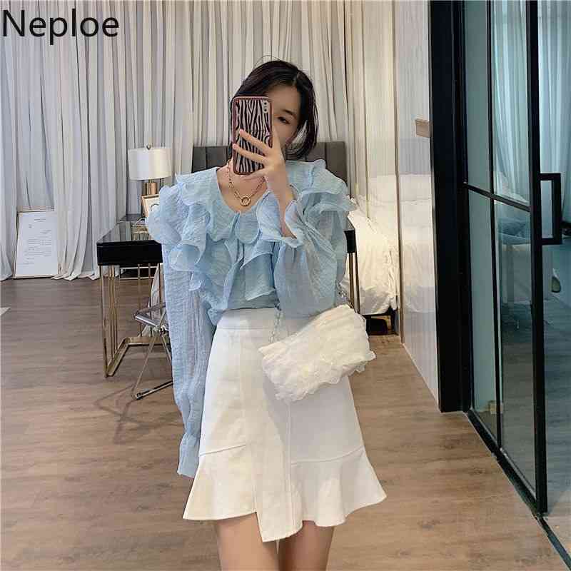 Neploe Fashion Women Blouse Flare Sleeve V Neck Heavy Ruffle Loose All-match Shirt Korean Chiffon Blusas White Elegant Tops 210422