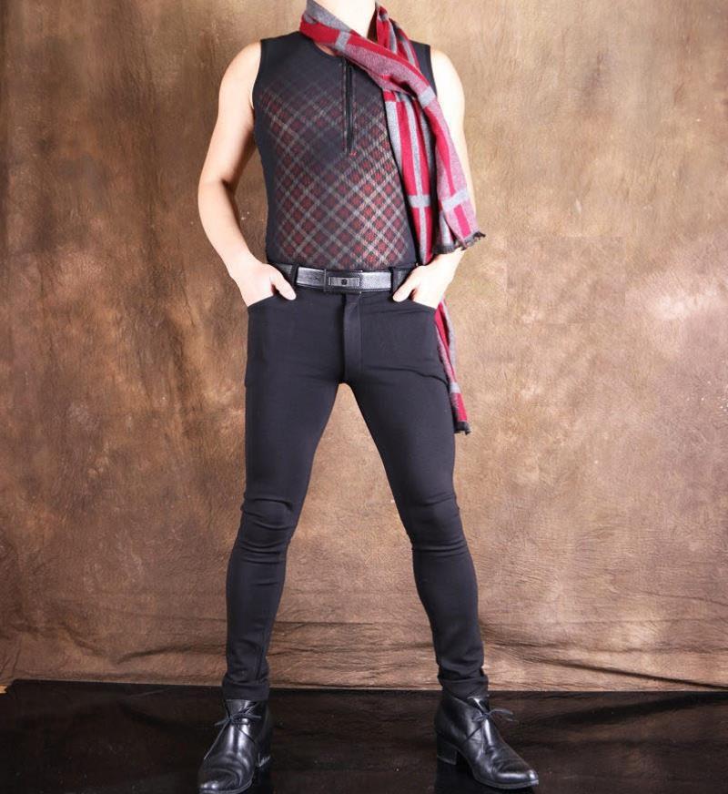 Men Sexy Slim Pants High Elastic Low Waist Trousers Tight Warm Black Burgundy Stylish Men's