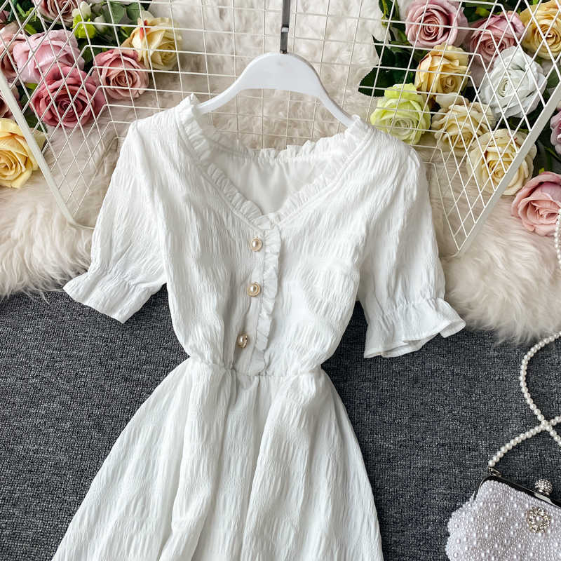 Women White Dress Summer Elegant V-neck Single-breasted Short Flare Sleeve Vintage Dresses Female Korean Chic Robe Mujer 210630