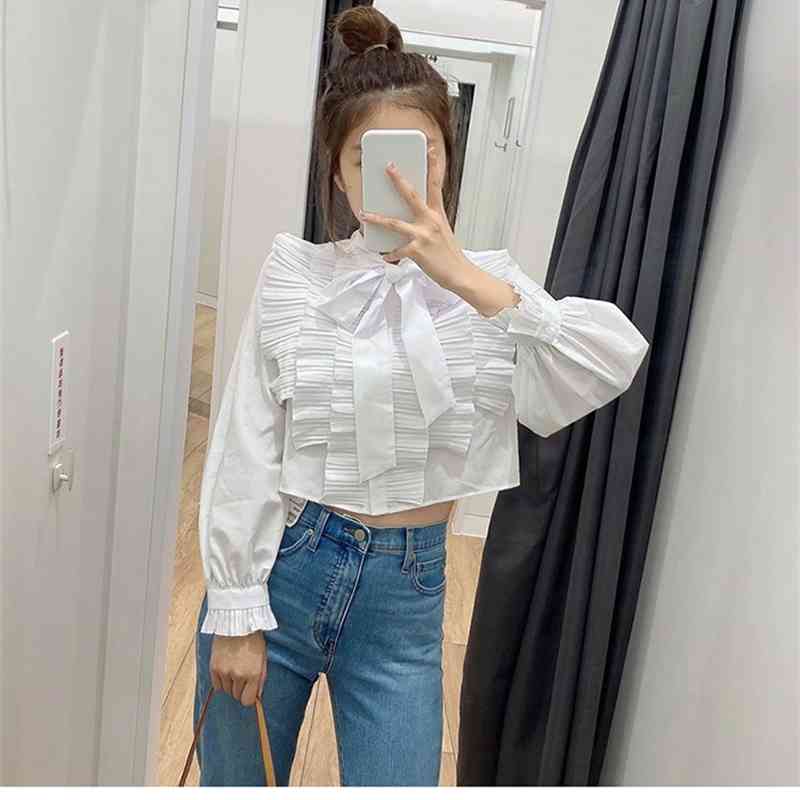 Nomikuma Crop Top Women Shirt Korean Ruffle Patchwork Sweet Tops Bow Tie Collar Long Sleeve Blouse New Short Blusas 6D953 210427
