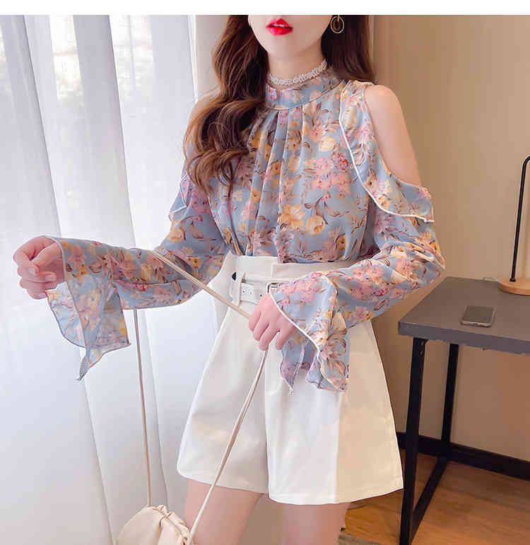2 Piece Set Women Korean Chic Flower Print Off Shoulder Flare Sleeve Chiffon Shirts+High Waist Shorts Fashion Suits 210519