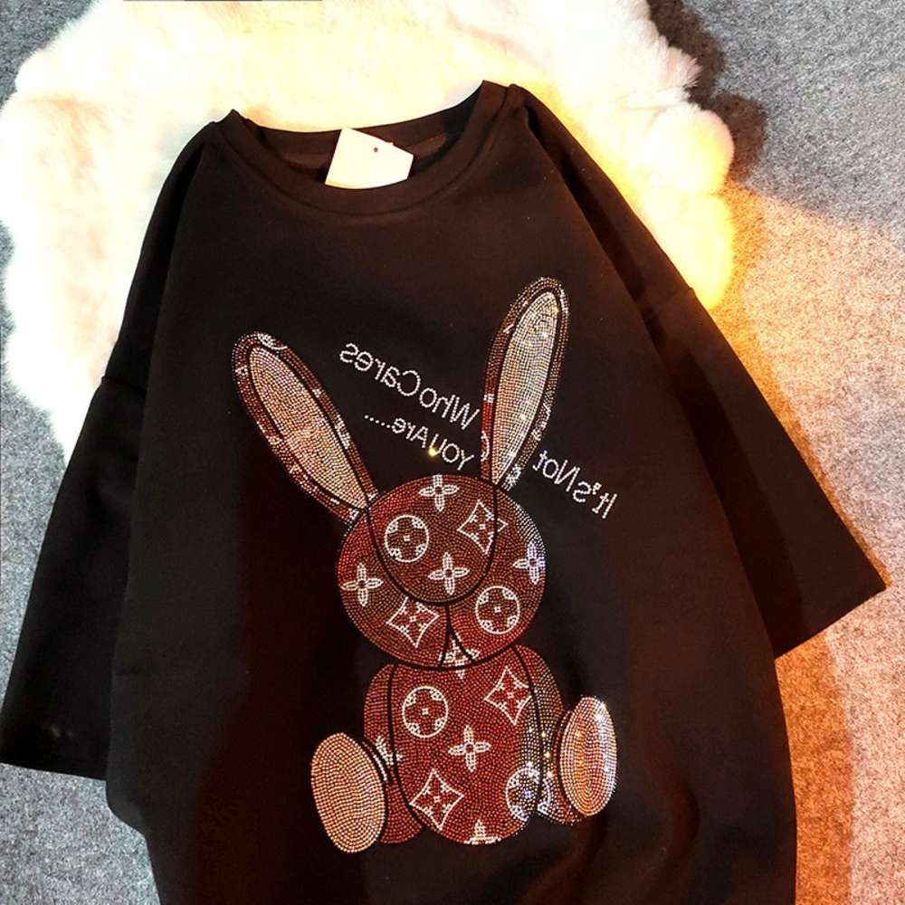 Heavy industry hot drilling rabbit 2021 spring new short sleeve T-shirt women's thickened loose medium length couple's top, White 
Heavy industry hot drilling rabbit 2021 spring new short sleeve T-shirt women's thickened loose medium length couple's top, White