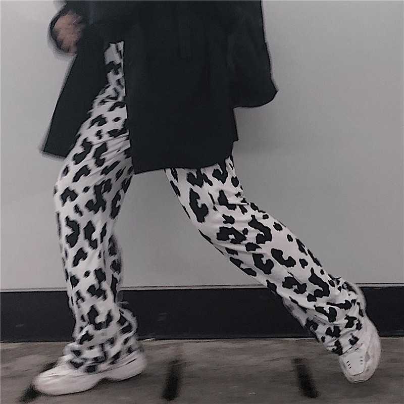 Yedinas Milk Cow Print Pants Women Korean Style Wide Leg Harajuku Chic Elastic High Waist Loose Trousers Plus Size 3XL 4XL 210527