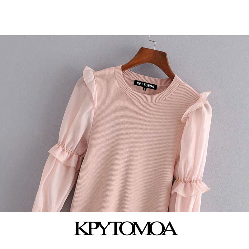 Women Chic Fashion Organza Patchwork Knitted Sweater See Through Sleeve Ruffle Stretch Pullovers Tops 210420