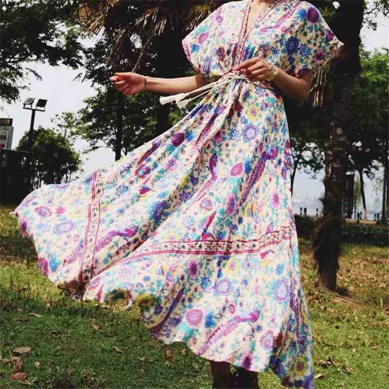 Fashion Boho Long Dress Folk Style Vintage Summer Cotton Print V-neck Bat Sleeve Drawstring Holiday Midi For Woman 210514