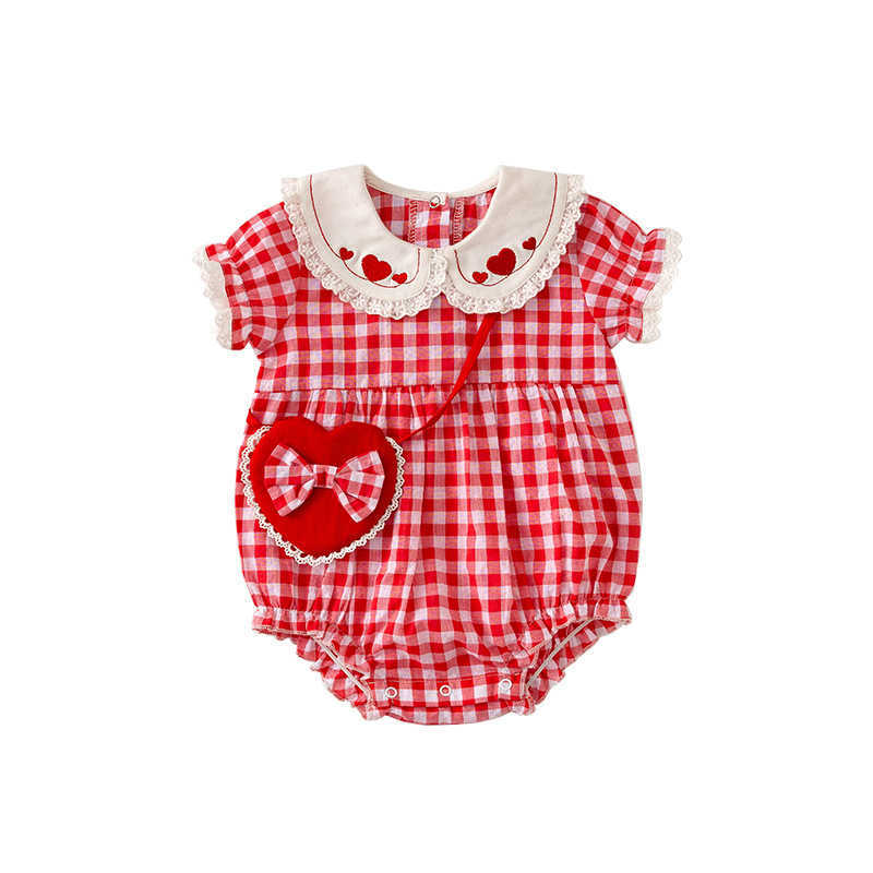 2Pcs Baby Girl Plaid Romper Infant Korean Rompers with Bow Bag born Love Embroidery Bodysuit Summer Children Cotton Clothes 210615