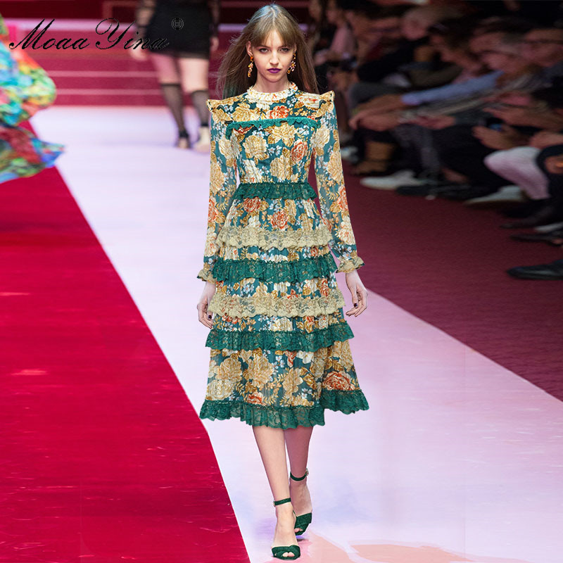 Fashion dress Spring Women Dress Mesh Long sleeve Beaded Vintage Floral Print Lace Cascading Ruffle Chiffon Dresses 210524