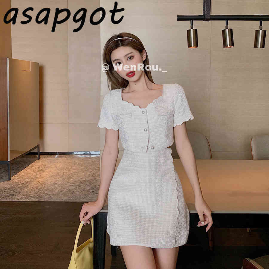Temperament Single-breasted Square Neck Short Sleeve Jacket Women Wild Summer Sets High Waist Skirt Fashion Korean Casual 210429
