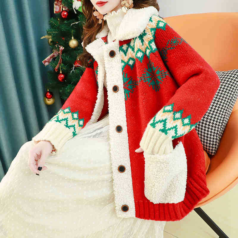 H.SA Women Fleeced Sweater and Cardigans Long Style Vintage Christmas Casual Tops Big Pocket Warm Geometric Knit Jacket 210716