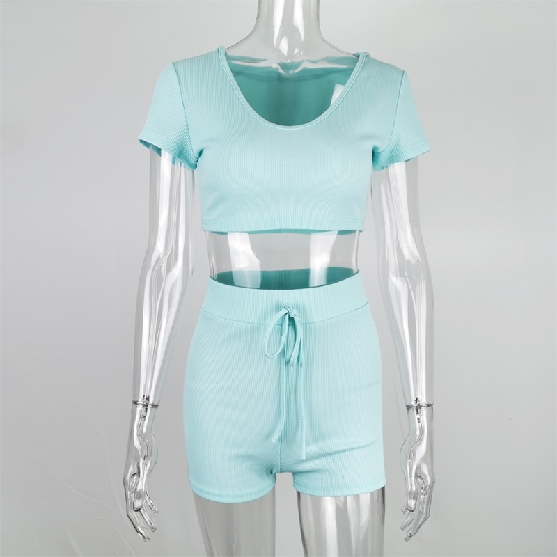 Summer Women Fashion Blue 2 Two Pieces Sets Sexy O Neck Short Sleeve Mini Tops& Shorts Out Wear Casual Lady 210423