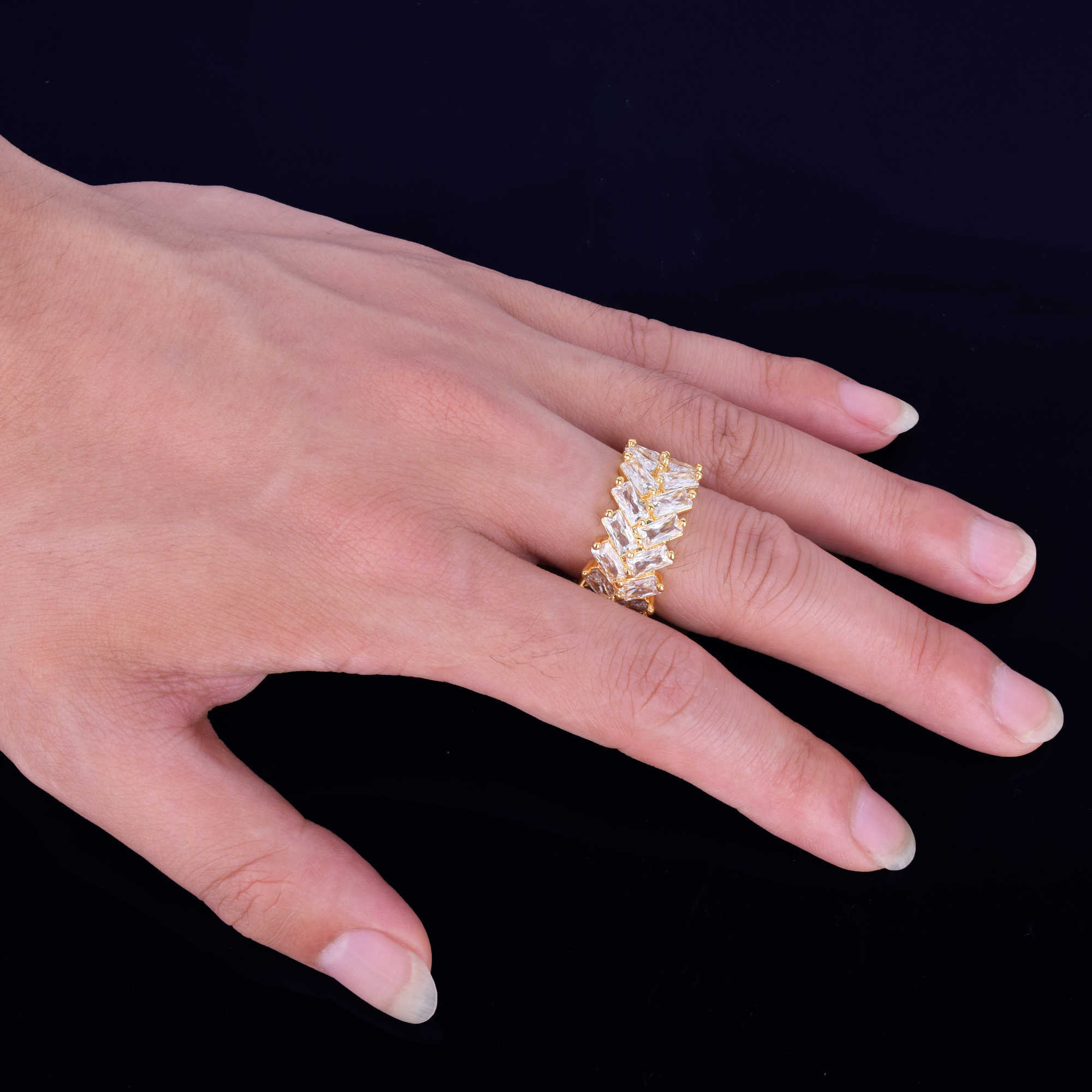 2 Row Baguette Zircon Men's Ring Copper Charms Gold Color Iced RING Fashion Hip Hop Rock Jewelry 210701