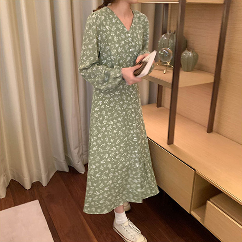 Spring womens Dress V neck Boho Sweet Party Long Sleeve women Autumn Floral dress Robe Vestido(X1802) 210423