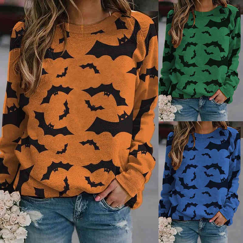 Bat Shirts Pattern Print Pullover Harajuku Shirt Women O Neck Long Sleeve Shirt Loose Tops Pullover Ladies Plus Size Graphic Tee 210515