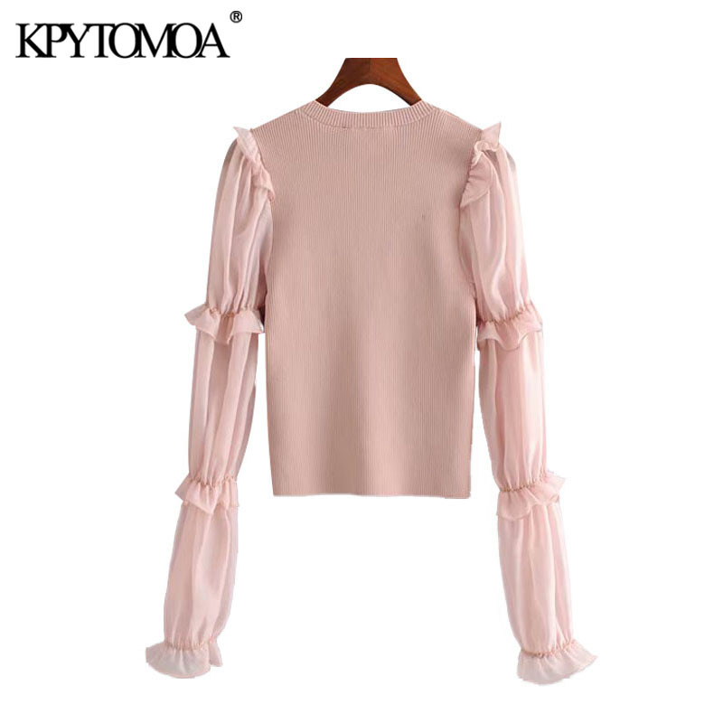 Women Chic Fashion Organza Patchwork Knitted Sweater See Through Sleeve Ruffle Stretch Pullovers Tops 210420