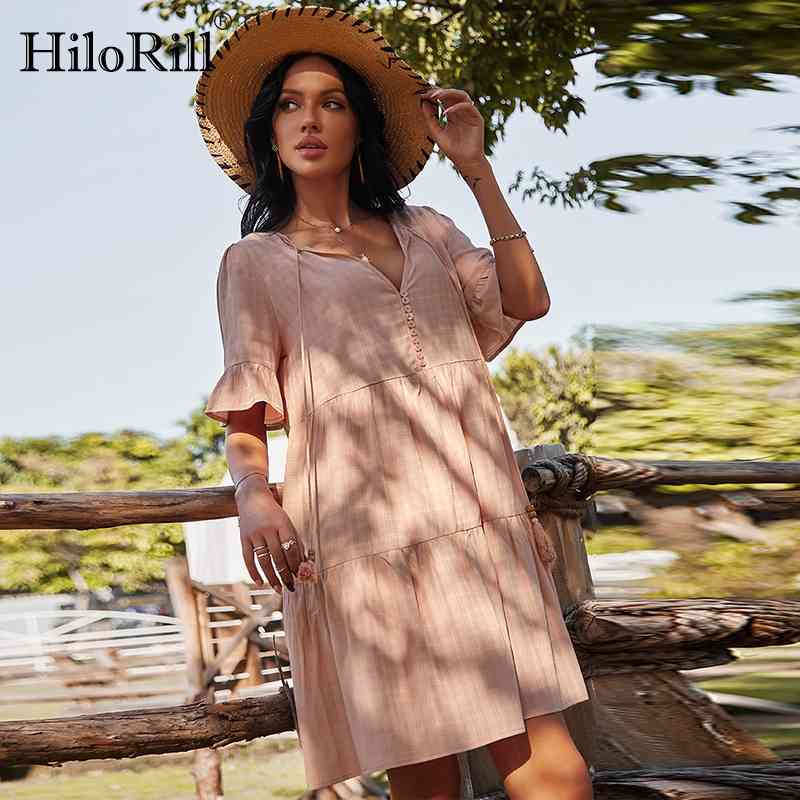 Solid Color Loose Mini Dress Women Bow Tie V Neck Casual Beach Ruffles Short Sleeve Ladies Summer es 210508