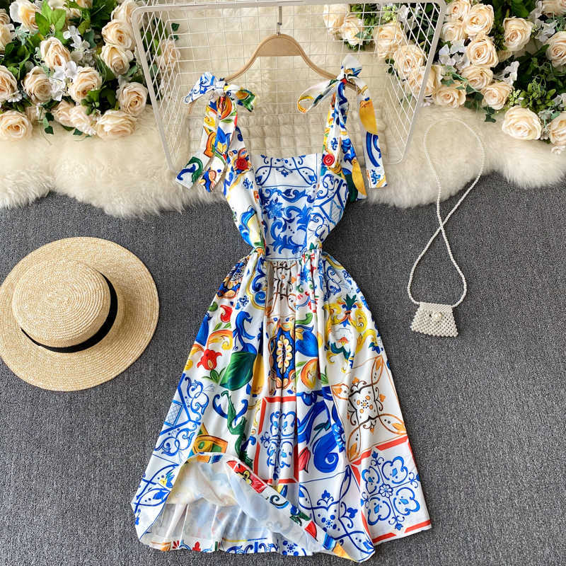 Fashion Runway Summer Dress Women's Bow Spaghetti Strap Backless Blue and White Porcelain Floral Print Long 210623