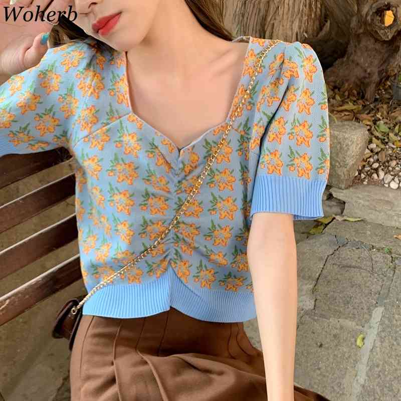 Stretch Knit Jacquard Crop Top Korean Square Neck Sweet Pullover T Shirt Fresh Temperament Drawstring Short Thin Jumper 210519