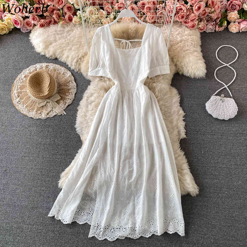 Summer Vestidos Mujer Chic Hollow Out Crochet Floral Vintage Dress Square Collar Puff Sleeve Split Maxi Dresses Women 210519