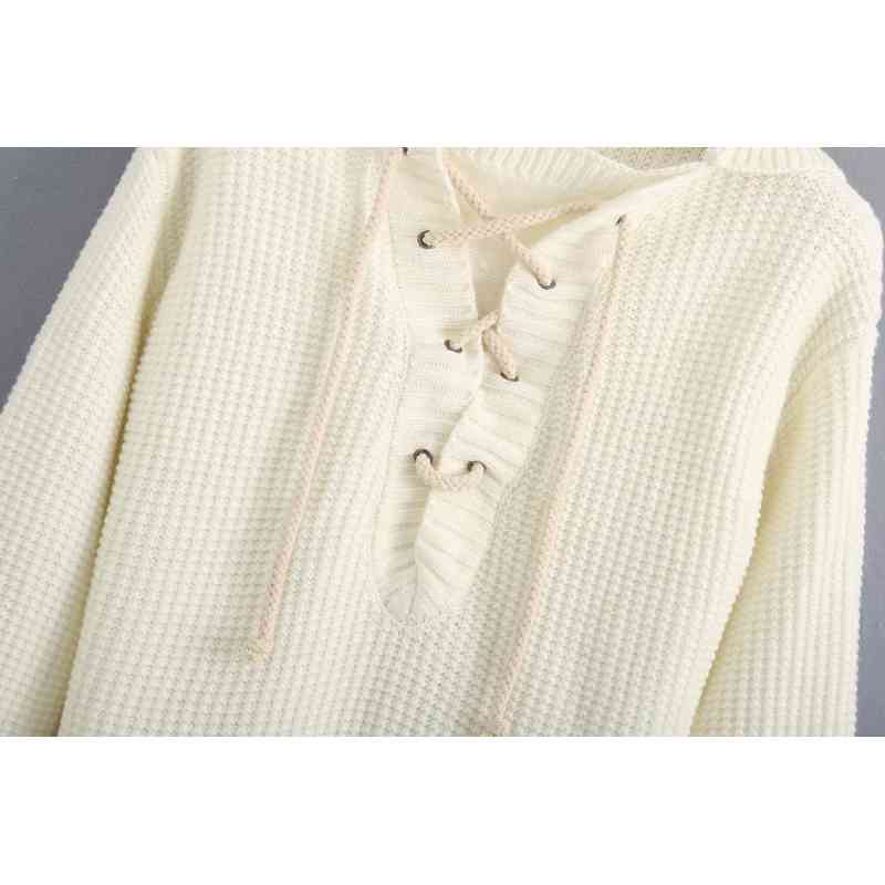 fashion women knitwear hoodie autumn white lace up o neck ladies knit coats casual female knitwears soft girls chic 210430