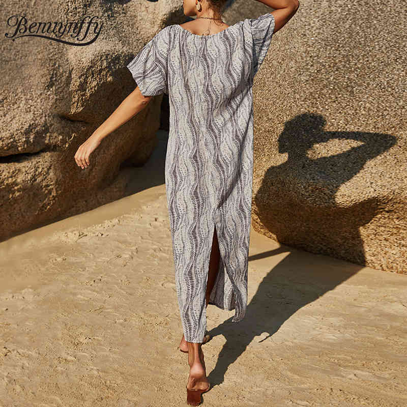 Drawstring V-neck Back Split Long Dresses Women Summer Casual Print Short Sleeve Female Loose Beach Dress 210510